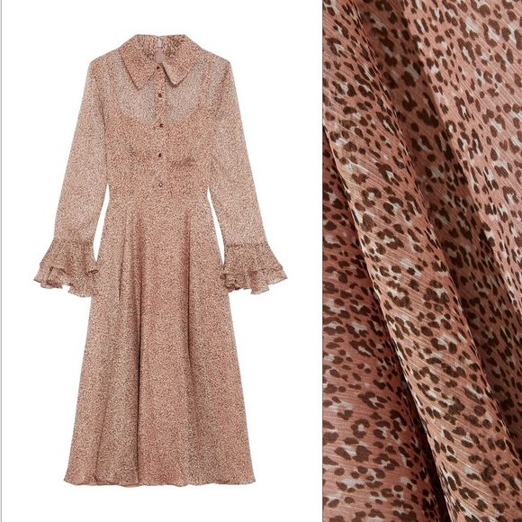 NWT - Mikael Aghal - Ruffle-trimmed Leopard Print Georgette Dress - Baby Pink - Picture 3 of 13